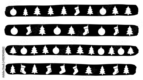 Set of decorative black and white Christmas borders featuring white icons of fir trees baubles and stockings inside dark stripes vector illustration