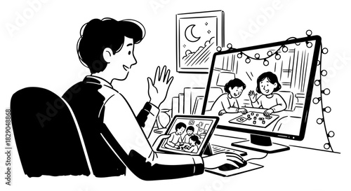 Man having a virtual Christmas celebration via video call on computer and tablet with family members online vector illustration for remote holiday concept