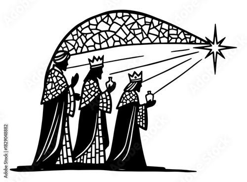 Three wise men following the star of Bethlehem black and white vector illustration of biblical magi in stained glass style