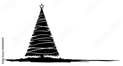 Artistic Christmas tree with star topper black and white vector illustration in linocut or woodblock style