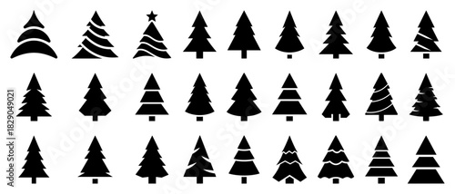 Set of Christmas tree silhouettes black and white vector icons collection of fir and pine shapes for holiday design