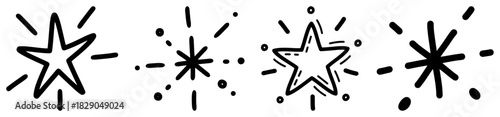 Set of hand drawn stars and sparkles black and white vector doodles of magic shine and twinkle effects