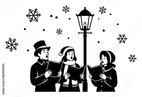 Group of Christmas carolers singing under street lamp vector illustration black and white winter holiday choir