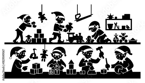 Christmas elves working in Santa workshop making toys vector illustration black and white holiday factory scene