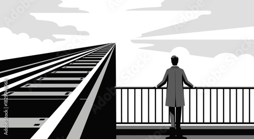 A contemplative man gazes upon the endless railroad tracks stretching toward the horizon in black
