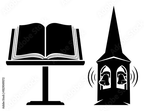 Open choir book on stand and church steeple with ringing bells vector illustration for religious Christmas carol singing design