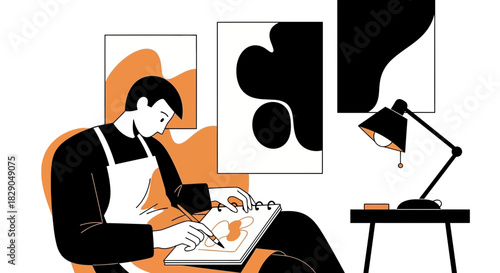 A creative artist drawing in a sketchbook surrounded by modern art pieces and a desk lamp