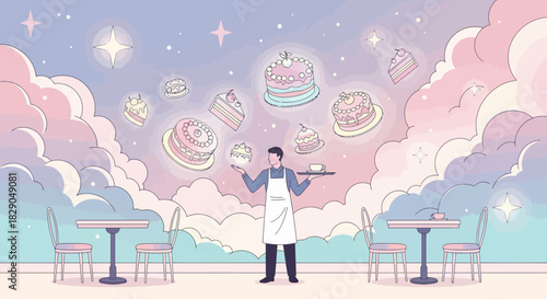 A dreamy dessert shop ambiance filled with floating cakes and a dedicated server