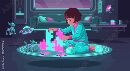 A Futuristic Scene: A Little Girl Engaged in Assembling a Puzzle with Robot Companions