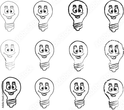 Title: Cartoon Light Bulb Characters – Simple Black & White Line Art Vector Set