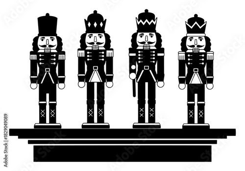 Set of four traditional Christmas nutcracker soldiers standing in a row black and white vector silhouette