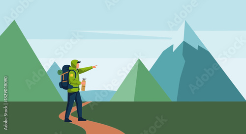 A hiker points towards distant mountains in a stylized vector illustration landscape