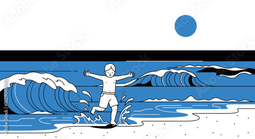 A joyful boy running into the ocean waves under a bright sun illustration