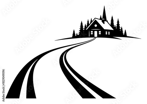 Winding road leading to a house on a hill black and white vector landscape with rural nature silhouette