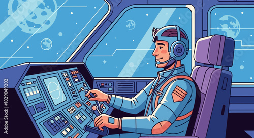 Cartoon Illustration of a Spaceship Pilot Navigating Through the Galaxy with Earth View