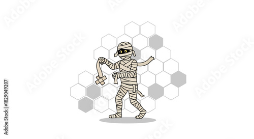 Cartoon mummy unwrapping bandages against a geometric honeycomb background illustration