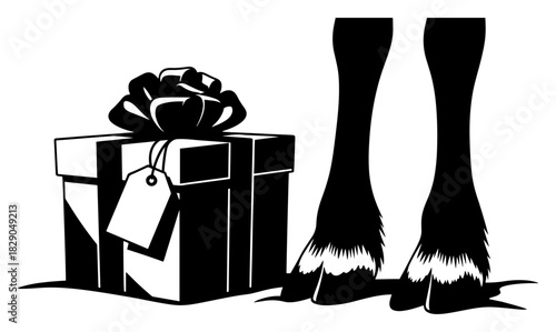 Reindeer hooves standing next to a wrapped Christmas gift box black and white vector illustration of holiday delivery