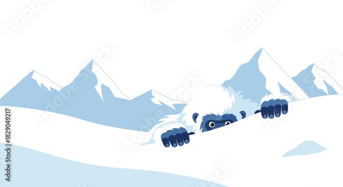 Cartoon yeti peeking over snowy hill with mountain backdrop in winter illustration