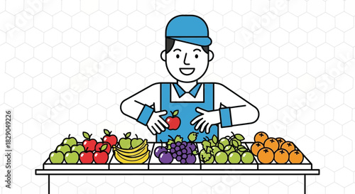 Cartoon vendor presenting fresh fruits and vegetables at a farmers market with a smile showcasing