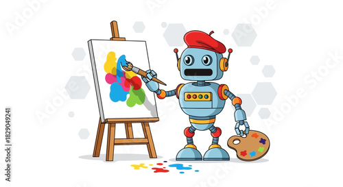 A cartoon robot artist with a beret painting a colorful abstract painting on an easel with a palette