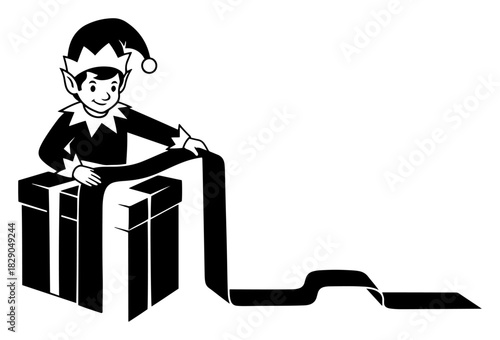 Christmas elf wrapping large gift box with ribbon vector illustration black and white holiday present preparation