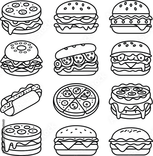 Fast Food Burger and Pizza Line Art Icons