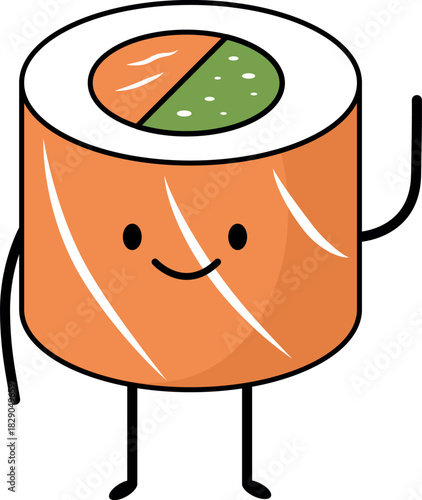 Kawaii Sushi Maki Roll Character Waving, Cute Cartoon Food Vector
