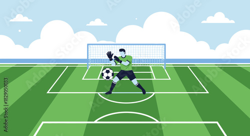 Goalkeeper saving the ball on the soccer field in a competitive match concept design  illustrating