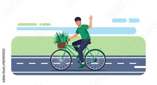 Happy man riding bicycle with plants waving his hand on a nature background
