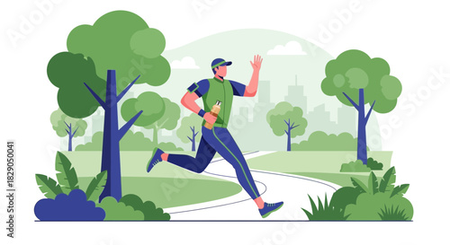 Healthy lifestyle illustration featuring a man jogging in a green park environment