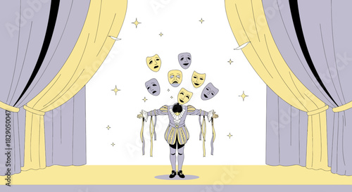 Illustration depicting a character embodying diverse emotions symbolized by floating masks on stage