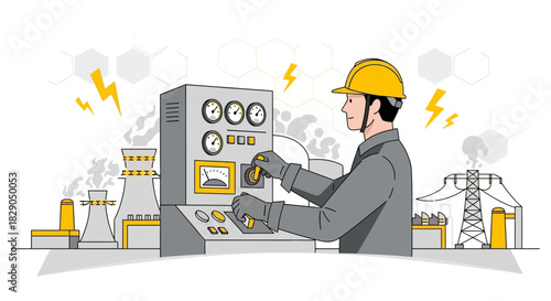 Illustration depicting worker operating control panel in an industrial setting