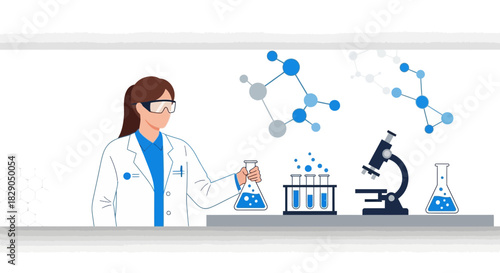Illustration depicting a female scientist in a lab environment conducting research experiments