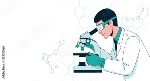 Illustration depicting a scientist working with a microscope in a laboratory setting with science