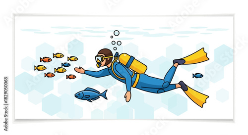 Illustration of a diver underwater surrounded by fish showing exploration activity