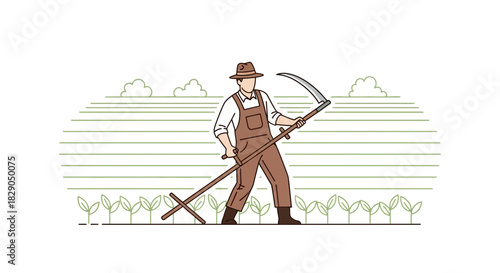 Illustration of a farmer with scythe, in a field, showcasing traditional agricultural practices