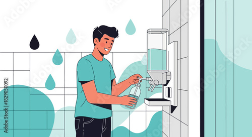 Illustration of a Man Filling a Reusable Water Bottle from a Dispenser Promoting Sustainability