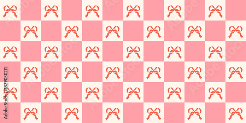 Cozy Pink Christmas seamless pattern with plaid and red bow. Abstract festive background. Holiday wrap paper texture. Xmas and winter checker print decoration. Wrapping paper. Vector illustration