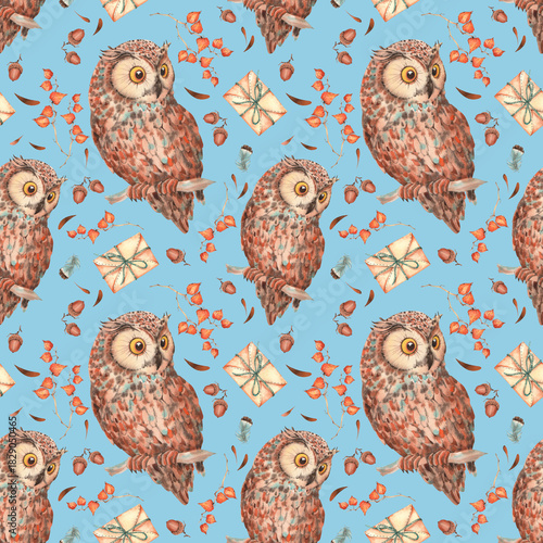 Pattern with owls on blue . Watercolor illustration, drawing for fabric.