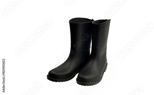 Photo of a pair of black waterproof rubber boots, ideal for outdoor use, isolated on white background.