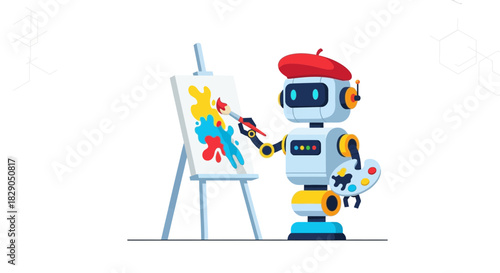 Robot artist passionately painting colorful abstract art on canvas in a creative studio concept