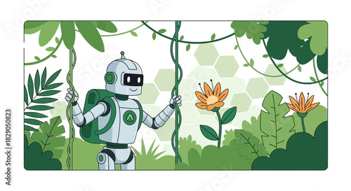 Robot exploring nature, cartoon style, with green plants and orange flowers in a jungle setting,