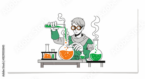 Scientist Experimenting with Beakers and Flasks in Laboratory Setting Illustration