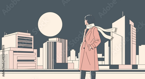 Solitude in the city: A woman gazes at the moon over an abstract cityscape evoking tranquility and