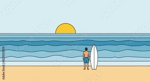 Minimalist surfer at the beach at sunset with a surfboard illustration scene