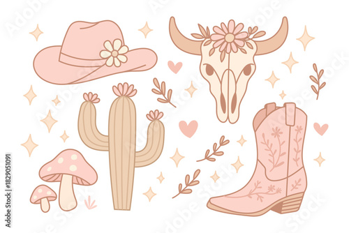 Set cowboy and cowgirl pink. Hand drawn romantic girly Valentines Day clipart. Y2K pink core.