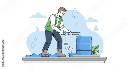 Man collecting rainwater into a barrel for conservation and sustainable use illustration