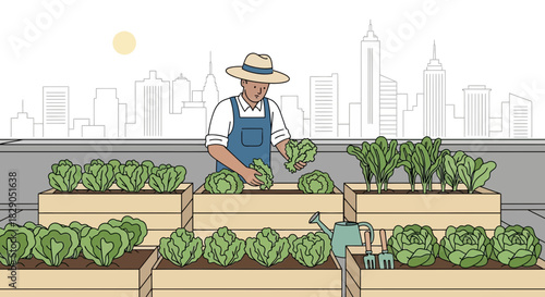 Man harvesting lettuce in a rooftop garden with a city skyline backdrop illustration