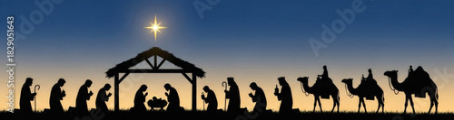 Nativity scene silhouette with shining star and wise men on camel. Christmas holiday, biblical concept of faith design for greeting card. Banner with copy space