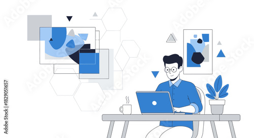 Man working on laptop with abstract design elements, flat vector illustration
